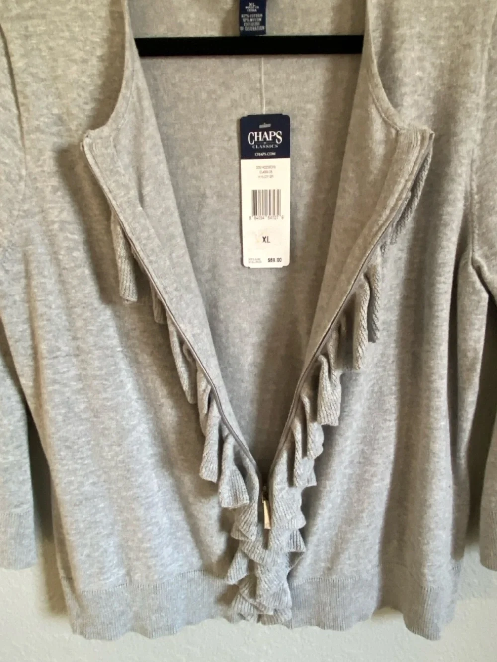 Chaps Light Gray Ruffle-Front Sweater - Picture 3 of 4